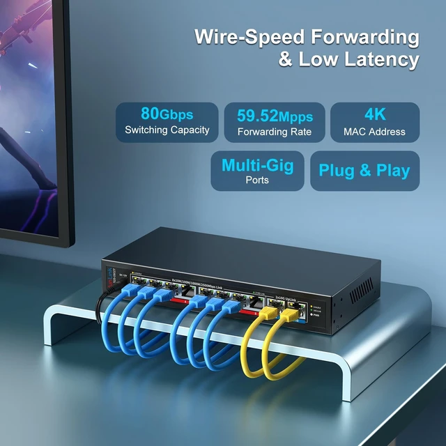 Alt view image 3 of 5 - 10Gb Ethernet Switch with 8 x 2.5GbE RJ45 + 2 x 10GbE RJ45 Ports, VunLink 10 Port Unmanaged 2.5G/10G Multi-Gigabit Network Switch, Plug & Play, Desktop/Wall-Mount, Ideal for NAS, Gaming, Home Office
