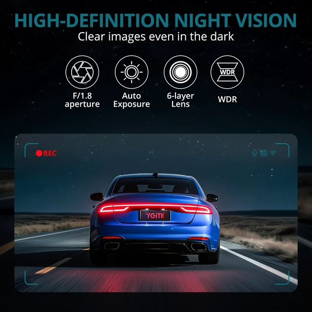 Alt view image 3 of 5 - YGiTK Dash Cam Front and Rear,2K 1080P Dual Dash Camera for Cars,32GB SD Card,Wi-Fi & App Control,Night Vision,24 Hours Parking Monitor,G-Sensor Loop Recording,160Wide Angle Include Acc Power Cable