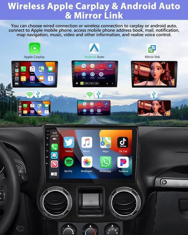 Alt view image 3 of 5 - 8Core 2G+64G Wireless Android Auto & Apple Carplay Car Stereo for Jeep Wrangler JK 2015 2016 2017,5GWiFi 10.1" IPS 1280*720 Touchscreen Car Radio with Bluetooth5.0,GPS,SWC,FM/RDS,EQ,DSP+Backup
