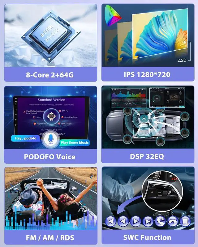 Alt view image 5 of 5 - 8Core 2G+64G Wireless Android Auto & Apple Carplay Car Stereo for Jeep Wrangler JK 2015 2016 2017,5GWiFi 10.1" IPS 1280*720 Touchscreen Car Radio with Bluetooth5.0,GPS,SWC,FM/RDS,EQ,DSP+Backup