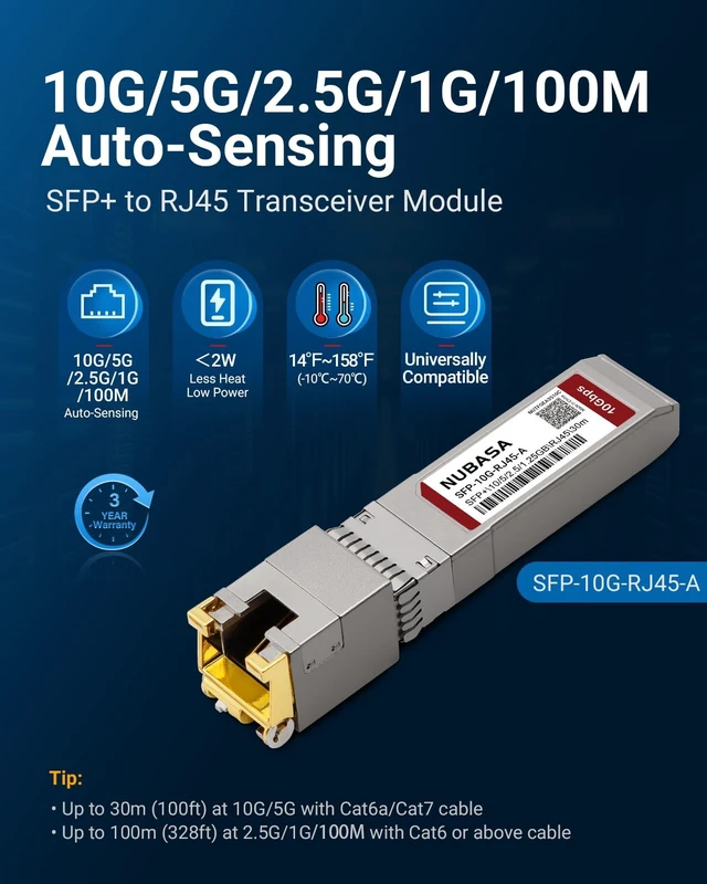 Alt view image 2 of 5 - NUBASA SFP+ to RJ45 10Gb Adapter ^^ 10G/5G/2.5G/1.25GB Auto-Sensing ^^ Ultra-Low Power < 2W ^^ Up to 30m, Plug-Play ^^ for Cisco/Ubiquiti/Netgear/Fortinet and More