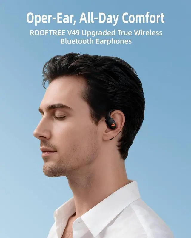 Alt view image 2 of 5 - rooftree Open-Ear Earbuds,True Wireless Bluetooth Headphones with Microphone,Ultra-Lightweight Earphones, Comfort Hook Design, Clear Calls,IPX5 Water Resistant,Fast Charging,Black,V49