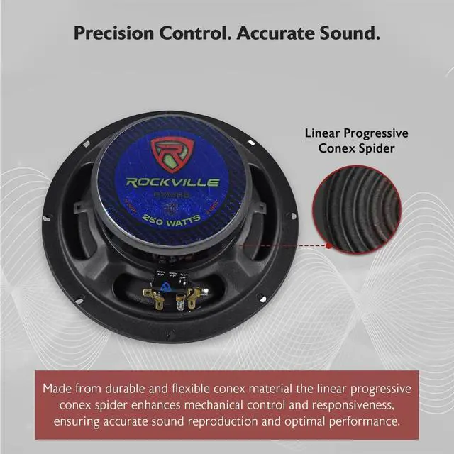 Alt view image 5 of 5 - Rockville RXM88 8" Mid-Bass Driver Car Speaker, 250W Peak/125W RMS, 8 Ohm, Kevlar Cone, Steel Basket, High Sensitivity, for Car Audio Systems