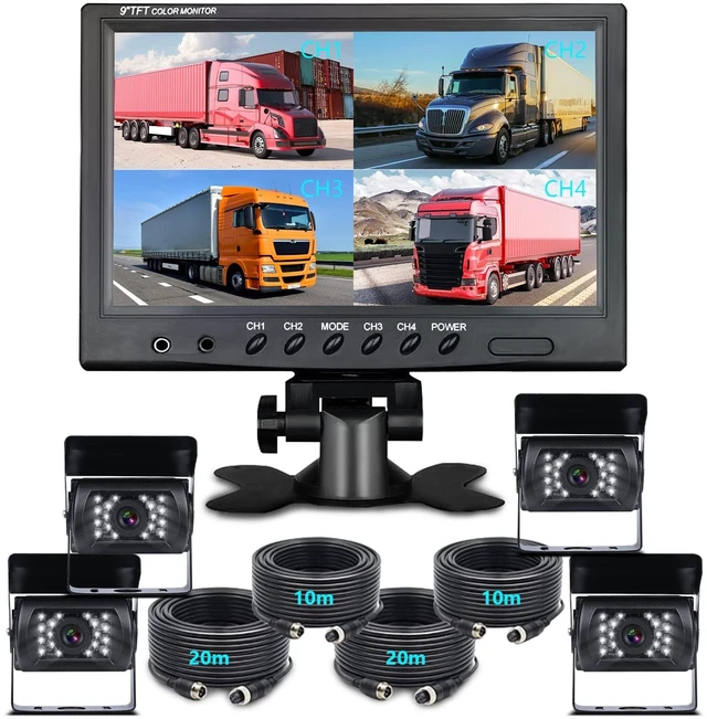 Main image of Hodozzy 4 Channel Backup Camera System with 9 Inch Quad Split Screen Monitor, Waterproof Rear View Camera with 18 IR Night Vision, Easy Installation for Truck RV Trailer Vans