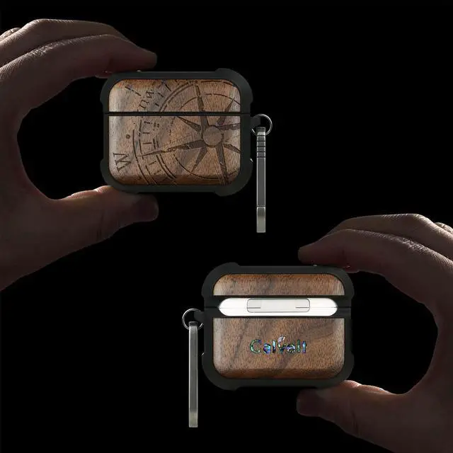 Alt view image 2 of 5 - Carveit Wooden Case for AirPods Pro 3 Case (2025), Wood Artisan Engraved & TPU Shockproof Cover, Titanium Quick Released Clasp, Wireless Chargers Compatible (The Incomplete Compass) W