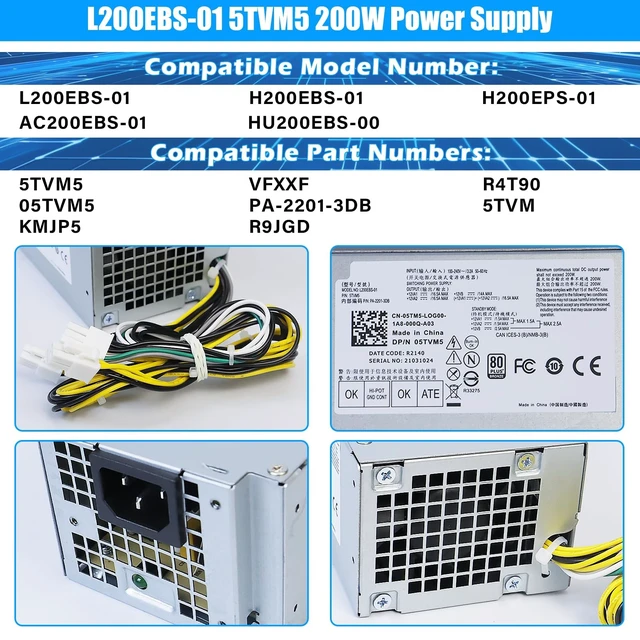 Alt view image 3 of 5 - Upgraded L200EBS-01 5TVM5 200W Power Supply H200EBS-01 PSU Compatible with Dell Optiplex 3060 3050 3050M 7050 7060 3080 5080 7080 MT Dell Inspiron 3470 L200EBS-01 H200EPS-01 VFXXF PA-2201-3DB K9