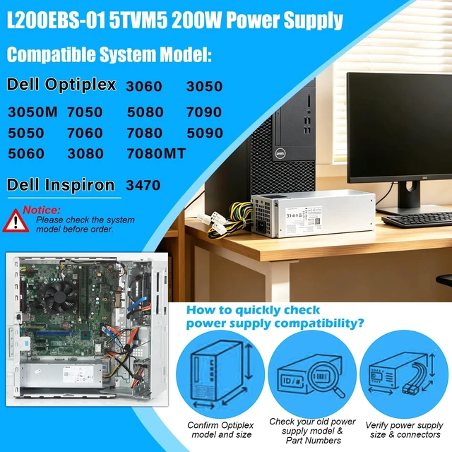 Alt view image 2 of 5 - Upgraded L200EBS-01 5TVM5 200W Power Supply H200EBS-01 PSU Compatible with Dell Optiplex 3060 3050 3050M 7050 7060 3080 5080 7080 MT Dell Inspiron 3470 L200EBS-01 H200EPS-01 VFXXF PA-2201-3DB K9