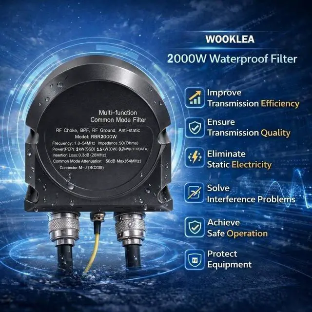 Alt view image 3 of 5 - WOOKLEA 2000W 3-in-1 Shortwave Common Mode Filter, 1.8-54MHz Waterproof RF Choke, 50dB Attenuation, 50 Impedance, 0.3dB Insertion Loss, SWR<1.2 for High-Power Amateur Radio Outdoor Use