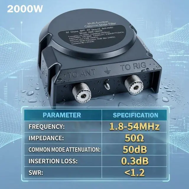 Alt view image 4 of 5 - WOOKLEA 2000W 3-in-1 Shortwave Common Mode Filter, 1.8-54MHz Waterproof RF Choke, 50dB Attenuation, 50 Impedance, 0.3dB Insertion Loss, SWR<1.2 for High-Power Amateur Radio Outdoor Use