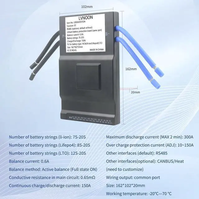 Alt view image 3 of 5 - LVNOON LB06A Smart Active Balancer BMS Lithium Battery Protection Board for Li-ion NCM LFP LiFePo4 Battery Management System 7S 8S 10S 12S 16S 20S 150A 24V 48V 60V 72V with APP Control (7-20S, 150A)