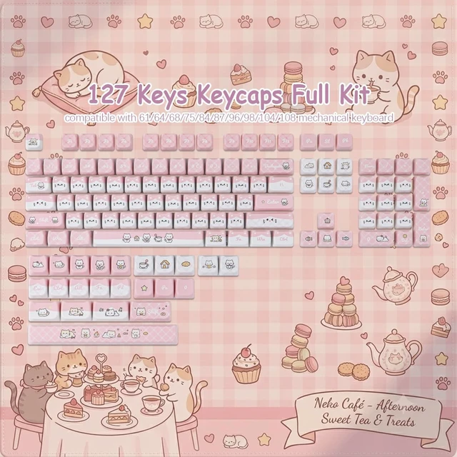 Alt view image 2 of 5 - TYRIXKI PBT Keycaps,127 Keys Cute Pink Cat Keycaps Set