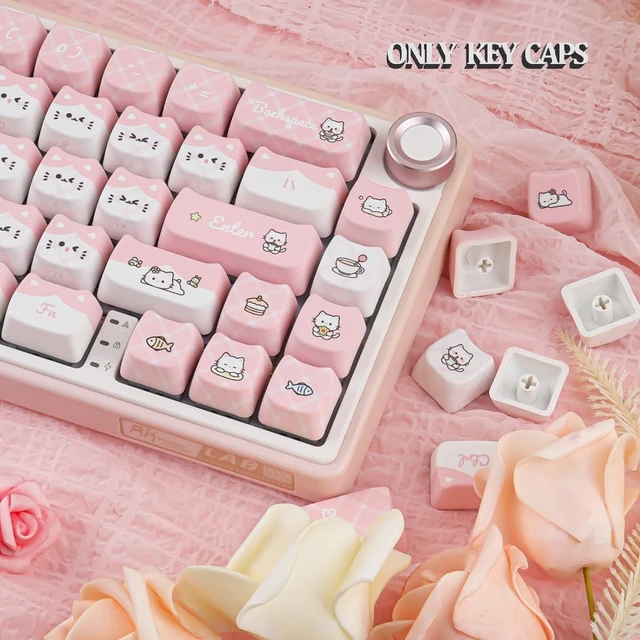 Alt view image 3 of 5 - TYRIXKI PBT Keycaps,127 Keys Cute Pink Cat Keycaps Set