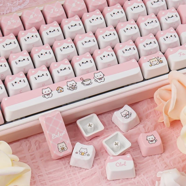 Alt view image 5 of 5 - TYRIXKI PBT Keycaps,127 Keys Cute Pink Cat Keycaps Set