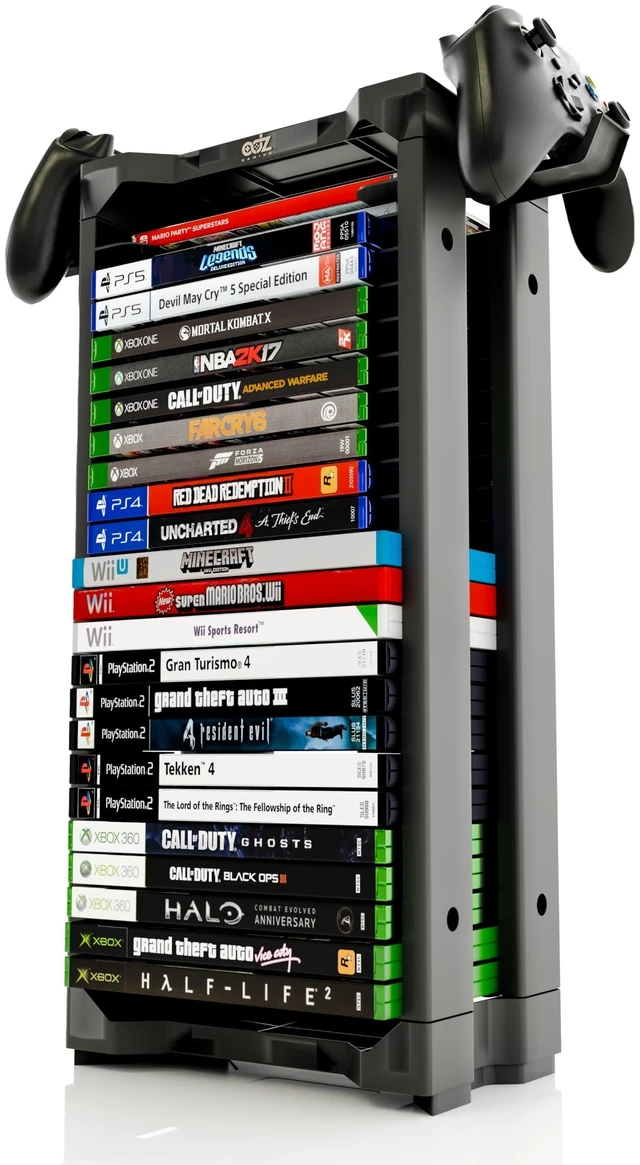Main image of ADZ Universal Game Holder 23 Game Storage Tower Rack for PS2 PS3 PS4 PS5 PSP Xbox 360 Xbox One Series X Wii Switch Games DVD and Blu-Ray Disks. Includes 2 Controller Mounts (Black)