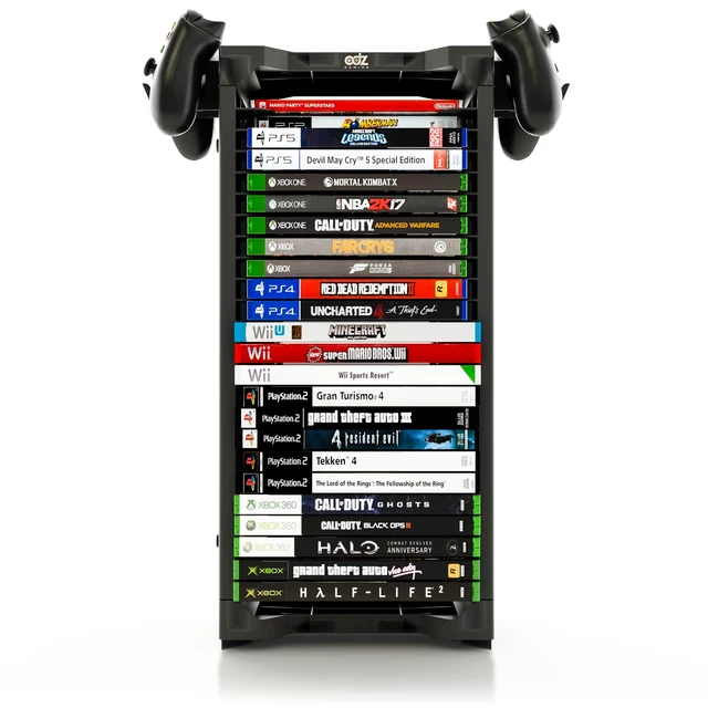 Alt view image 2 of 5 - ADZ Universal Game Holder 23 Game Storage Tower Rack for PS2 PS3 PS4 PS5 PSP Xbox 360 Xbox One Series X Wii Switch Games DVD and Blu-Ray Disks. Includes 2 Controller Mounts (Black)