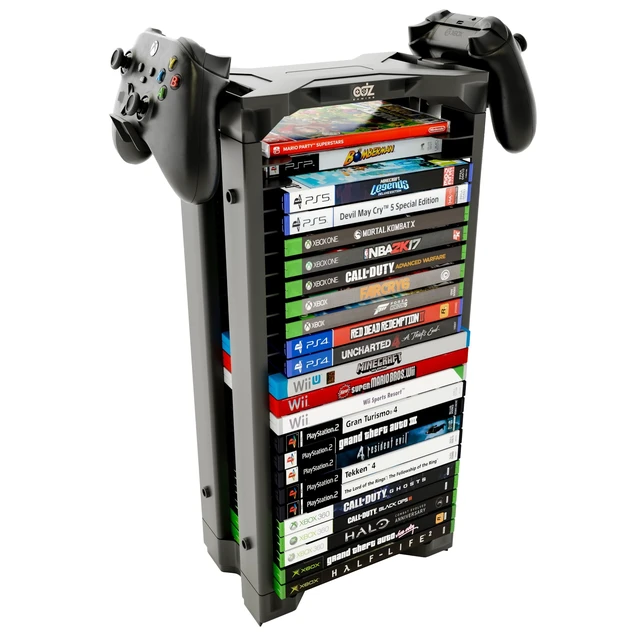 Alt view image 3 of 5 - ADZ Universal Game Holder 23 Game Storage Tower Rack for PS2 PS3 PS4 PS5 PSP Xbox 360 Xbox One Series X Wii Switch Games DVD and Blu-Ray Disks. Includes 2 Controller Mounts (Black)