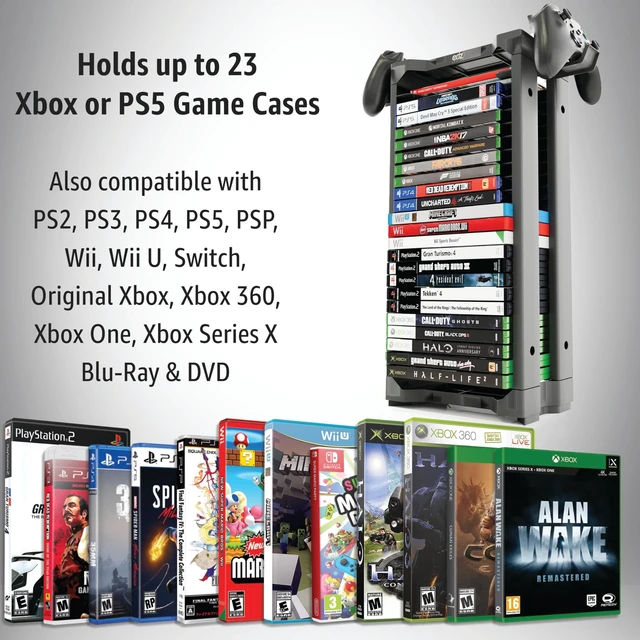 Alt view image 4 of 5 - ADZ Universal Game Holder 23 Game Storage Tower Rack for PS2 PS3 PS4 PS5 PSP Xbox 360 Xbox One Series X Wii Switch Games DVD and Blu-Ray Disks. Includes 2 Controller Mounts (Black)