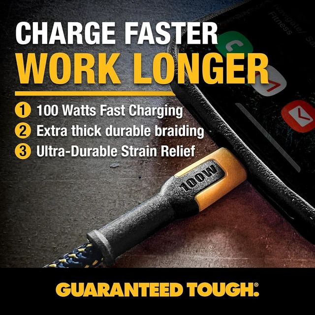Alt view image 2 of 5 - DEWALT Heavy Duty 100W USB C Cable, Jobsite 100 Watt USB C Cable, High Speed Type-C to Type-C, Fast Charge PD USBC Fast Charging Cord for iPhone 17/18/16/15 Plus Pro Max MacBook iPad, 10 ft