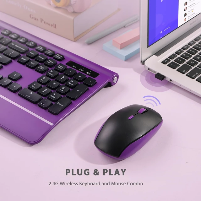 Alt view image 4 of 5 - Wireless Keyboard and Mouse Combo, Purple Keyboard and Mouse with Wrist Rest, 2.4G Silent Cordless Full-Size Keyboard Mouse Combo for Windows Computers Desktop, Laptop, PC