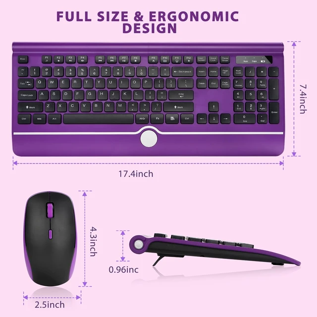 Alt view image 3 of 5 - Wireless Keyboard and Mouse Combo, Purple Keyboard and Mouse with Wrist Rest, 2.4G Silent Cordless Full-Size Keyboard Mouse Combo for Windows Computers Desktop, Laptop, PC