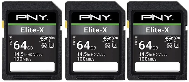 Main image of PNY 64GB Elite-X C10 U3 V30 SDXC Flash Memory Card 3-Pack, UHS-I, 4K UHD