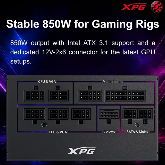 Alt view image 4 of 5 - XPG by ADATA, ATX3.1 & PCIe5.1 850W 80+ Gold Power Supply w/ 600W Connector