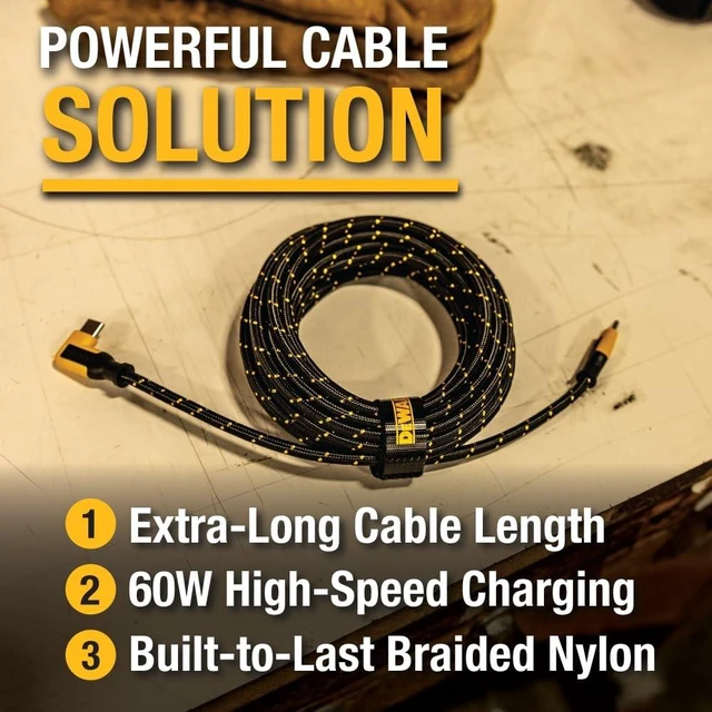 Alt view image 2 of 5 - DEWALT Heavy Duty Extra Long USB C Cable (15 ft/6M), Fast 60W Type C Charging Cable, 90Degree Connector TypeC Charger Cord for Oculus Quest, PS5 Controller, Samsung Galaxy, Z Fold/Flip (Charge O