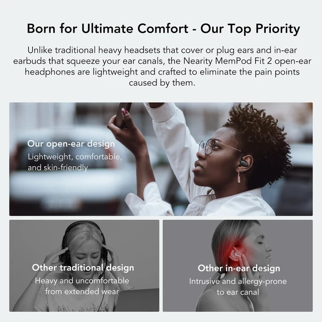 Alt view image 3 of 5 - NEARITY MemPod Fit 2 Open Ear Headphones with Dongle, Wireless Earbuds, Bluetooth 5.3, Up to 45H Playtime with Charging Case, Deep Bass, Ultra Comfort, Dual Connection, Air Conduction, for Phon