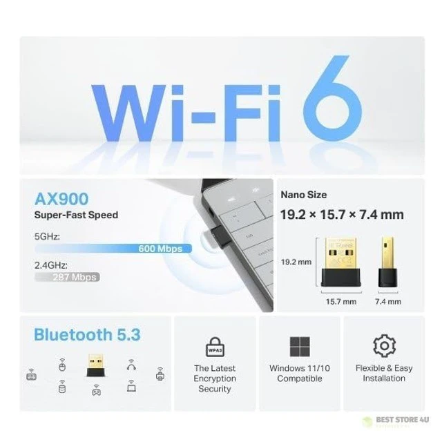 Alt view image 4 of 5 - TP-Link Archer TX10UB Nano, AX900 Mbps, Dual Band, Wi-Fi 6 & Bluetooth 5.3 2-in-1 USB Adapter