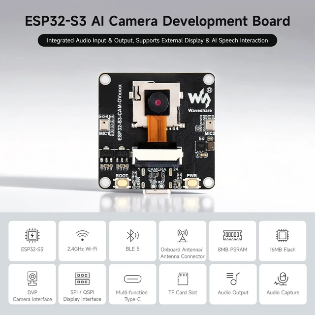 Alt view image 3 of 5 - Waveshare ESP32-S3 AIoT Camera Development Board, Integrated Audio Input and Output Module, Supports Connecting External Display, Image Capture & Recognition and AI Speech Interaction Support, GC2145