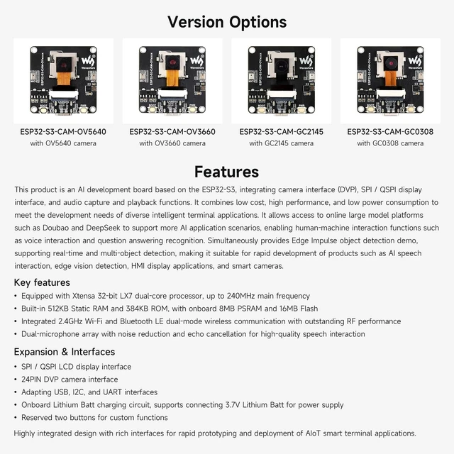 Alt view image 4 of 5 - Waveshare ESP32-S3 AIoT Camera Development Board, Integrated Audio Input and Output Module, Supports Connecting External Display, Image Capture & Recognition and AI Speech Interaction Support, GC2145