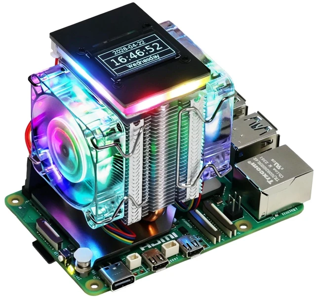 Main image of Freenove Active Cooler for Raspberry Pi 5 with 2 Fans and OLED Screen, Aluminum Heatsink with Heat Pipe, Dual PWM Fans with ARGB Light Sync, Multiple Cooling and Lighting Modes
