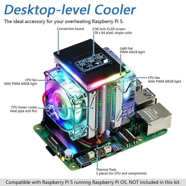 Alt view image 2 of 5 - Freenove Active Cooler for Raspberry Pi 5 with 2 Fans and OLED Screen, Aluminum Heatsink with Heat Pipe, Dual PWM Fans with ARGB Light Sync, Multiple Cooling and Lighting Modes