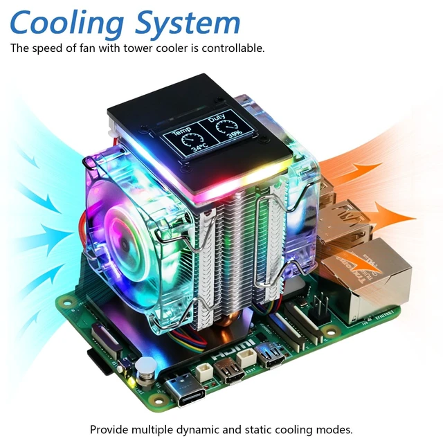 Alt view image 5 of 5 - Freenove Active Cooler for Raspberry Pi 5 with 2 Fans and OLED Screen, Aluminum Heatsink with Heat Pipe, Dual PWM Fans with ARGB Light Sync, Multiple Cooling and Lighting Modes