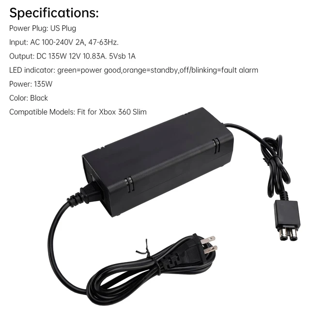 Alt view image 5 of 5 - MAD HORNETS For Xbox 360 Slim Power Supply, AC Charger 100-240V Power Brick with Power Cord for Xbox 360 Slim Console ONLY