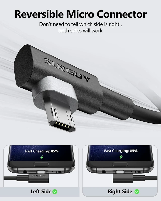 Alt view image 3 of 5 - 10 Pack Right Angle Micro USB Cable 1.5FT, 18W Reversible USB Micro Cable