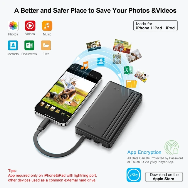 Alt view image 4 of 5 - ySky MFi Certified 500G Portable External Hard Drive for iPhone iPad MacBook Windows Computer USB C Android Phones to Backup,Photo Stick for iPhone17/16/15/14/13((one Click Backup)
