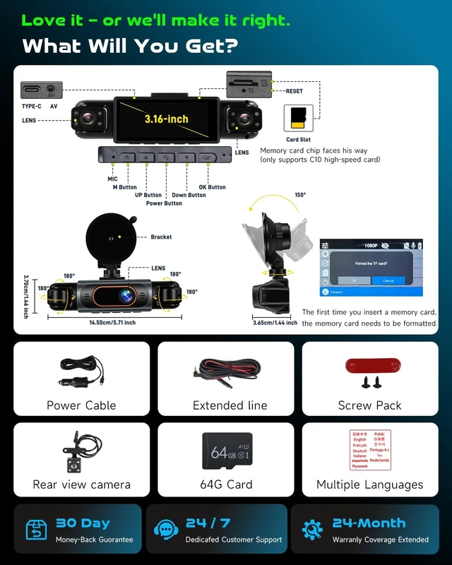 Alt view image 5 of 5 - Koravolo 4 Channel 360 Dash Cam Front and Rear Inside, with 64GB Card