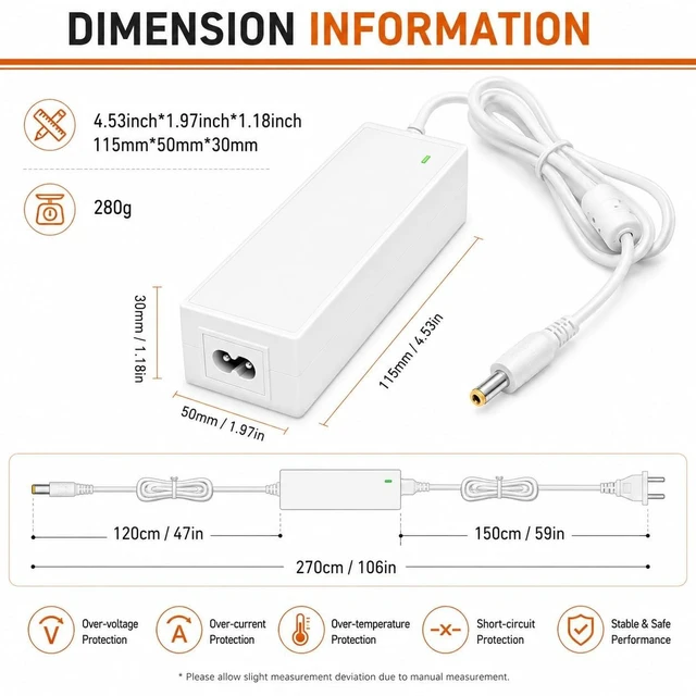 Alt view image 5 of 5 - Haoranli 54V 1.1A 60W AC/DC Power Supply Adapter Compatible with Ubiquiti UniFi Switch Lite 8 PoE USW-Lite-8-PoE, Replacement Power Cord for NY-PW0L2-05401100White