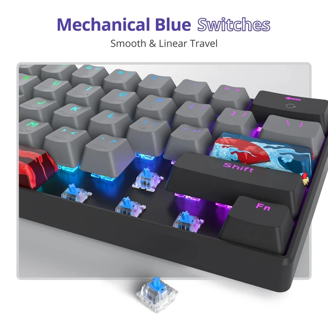 Alt view image 5 of 5 - Ussixchare 60 Percent Gaming Keyboard Portable Wired Mechanical Keyboard Ultra Compact Keyboard RGB Backlit Blue Switch for Windows PC Laptop Gamers(61 Dolch)