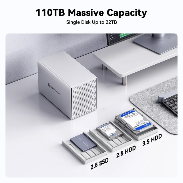 Alt view image 2 of 5 - Yottamaster 5 Bay RAID Hard Drive Enclosure USB C, Aluminum RAID Enclosure for 3.5 & 2.5 Inch SATA HDD/SSD, Support 110TB(5x22TB) Direct Attached Storage DAS RAID1/5/10/JBOD/CLONE - PS500RC3
