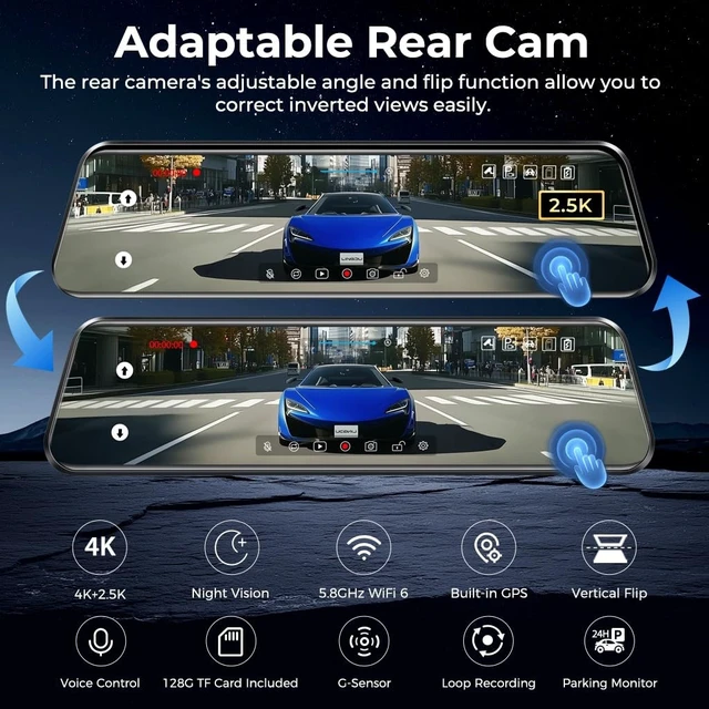 Alt view image 2 of 5 - LD4K Max Mirror Dash Cam with 4K Front and 2.5K Rear Camera, STARVIS 2 Sensor, with ADAS BSD LCA Smart Mode, GPS, G-Sensor, Loop Recording, Parking Monitor, Voice Control, 5.8GHz WiFi,128GB Card