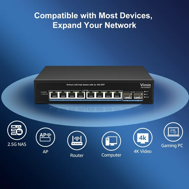 Alt view image 3 of 5 - 8 Port 2.5G PoE Switch+2X 10G SFP+Uplink, Unmanaged, 130W, IEEE802.3af/at