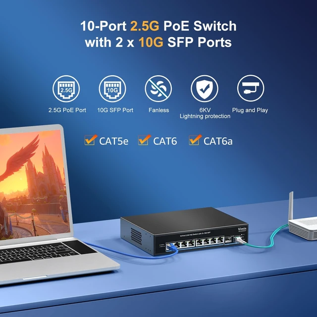 Alt view image 2 of 5 - 8 Port 2.5G PoE Switch+2X 10G SFP+Uplink, Unmanaged, 130W, IEEE802.3af/at