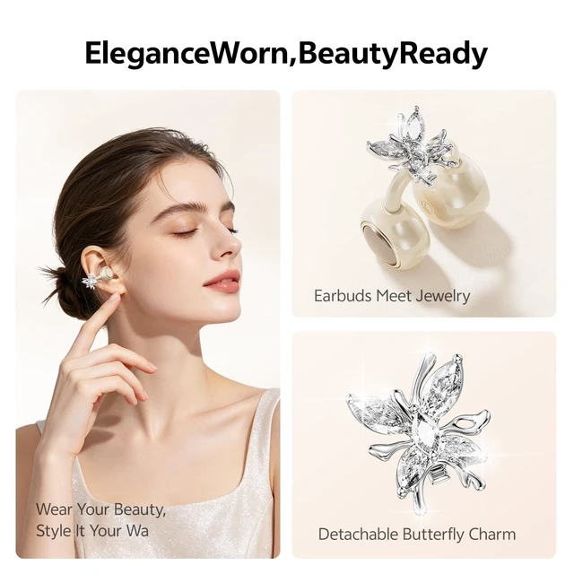 Alt view image 3 of 5 - WUYUEGE Open Ear Clip on Earbuds Bluetooth 6.0, Powder Case with LED Mirror, Detachable Crystal Butterfly Ear Clips & Bracelet, IPX6 40H Playtime, Cute Wireless Earbuds for Women Girls GiftsSki