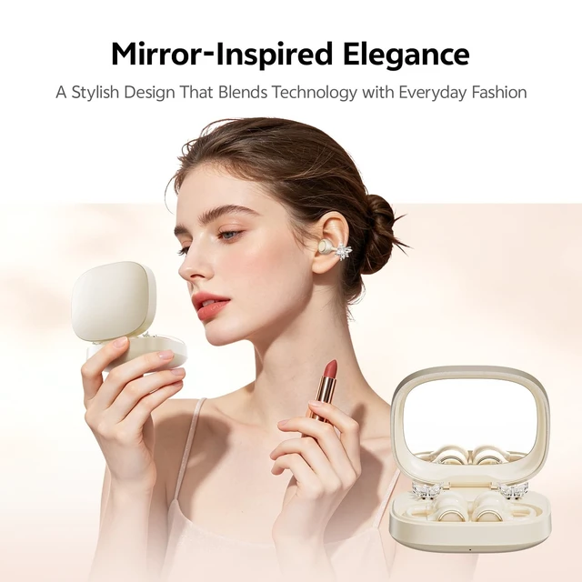 Alt view image 2 of 5 - WUYUEGE Open Ear Clip on Earbuds Bluetooth 6.0, Powder Case with LED Mirror, Detachable Crystal Butterfly Ear Clips & Bracelet, IPX6 40H Playtime, Cute Wireless Earbuds for Women Girls GiftsSki