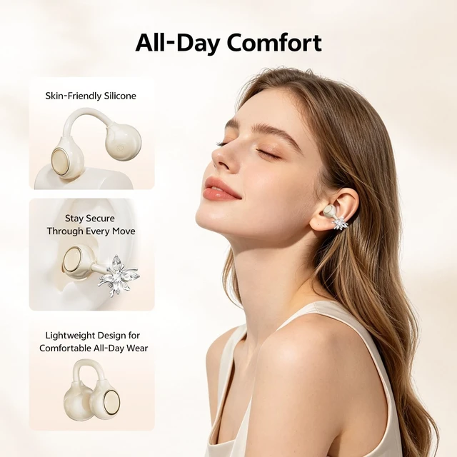 Alt view image 4 of 5 - WUYUEGE Open Ear Clip on Earbuds Bluetooth 6.0, Powder Case with LED Mirror, Detachable Crystal Butterfly Ear Clips & Bracelet, IPX6 40H Playtime, Cute Wireless Earbuds for Women Girls GiftsSki
