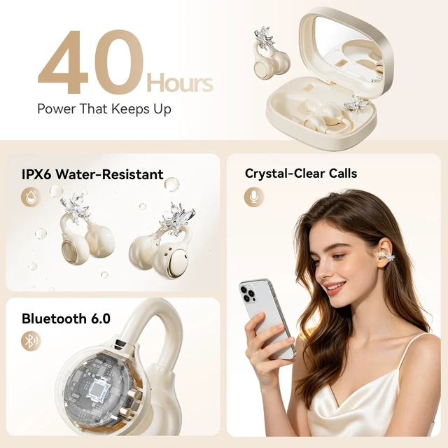 Alt view image 5 of 5 - WUYUEGE Open Ear Clip on Earbuds Bluetooth 6.0, Powder Case with LED Mirror, Detachable Crystal Butterfly Ear Clips & Bracelet, IPX6 40H Playtime, Cute Wireless Earbuds for Women Girls GiftsSki