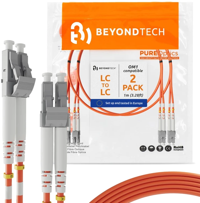 Main image of BEYONDTECH 1m (3.28ft) LC to LC Fiber Patch Cable (2 Pack) UPC Multimode Duplex Fiber Optic Cable 62.5/125um core, Compatible with OM1 LSZH PUREOptics Series