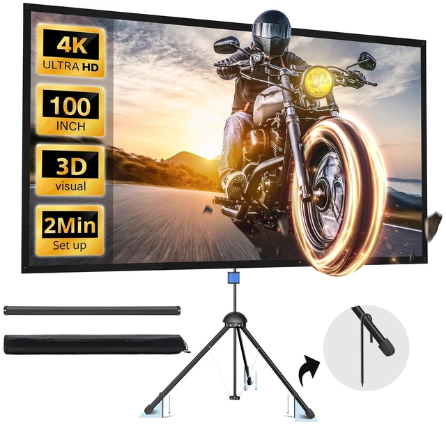 Main image of Projector Screen with Stand, Paris RHONE 100-inch Outdoor Indoor Projector Screen 16:9 4K HD PVC, 1.5 Gain Portable Wrinkle-Free Movie Screen for Home Backyard Theater with Carry Bag, Ground Nails